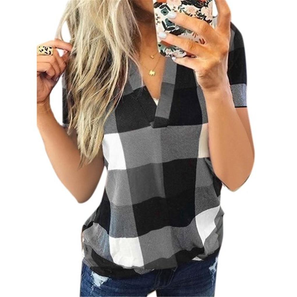 Women T Shirt V Neck Short Sleeve Top Plaid Print Casual Blouse