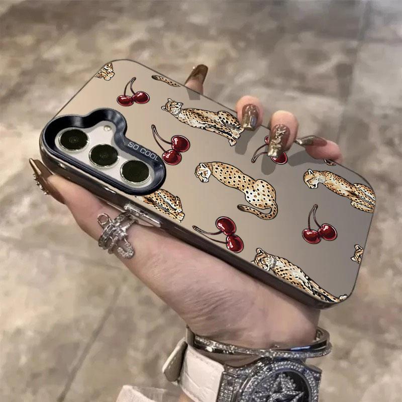 Cherry Leopard Design Laser Phone Case For Samsung Galaxy S25 FE Cases S24 Ultra S23 S22 Plus A56 A55 A54 A53 A36 A26 A16 Cover