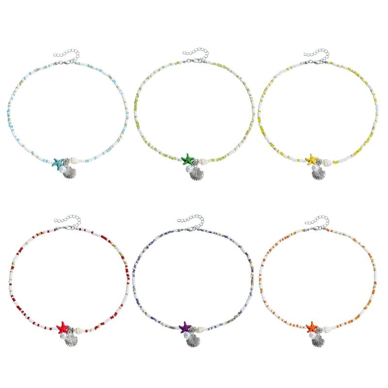 Beautiful Bohemian Starfish Pendant Necklace Colorful Bead Choker Adjustable Neck Chain Jewelry for Women and Girls
