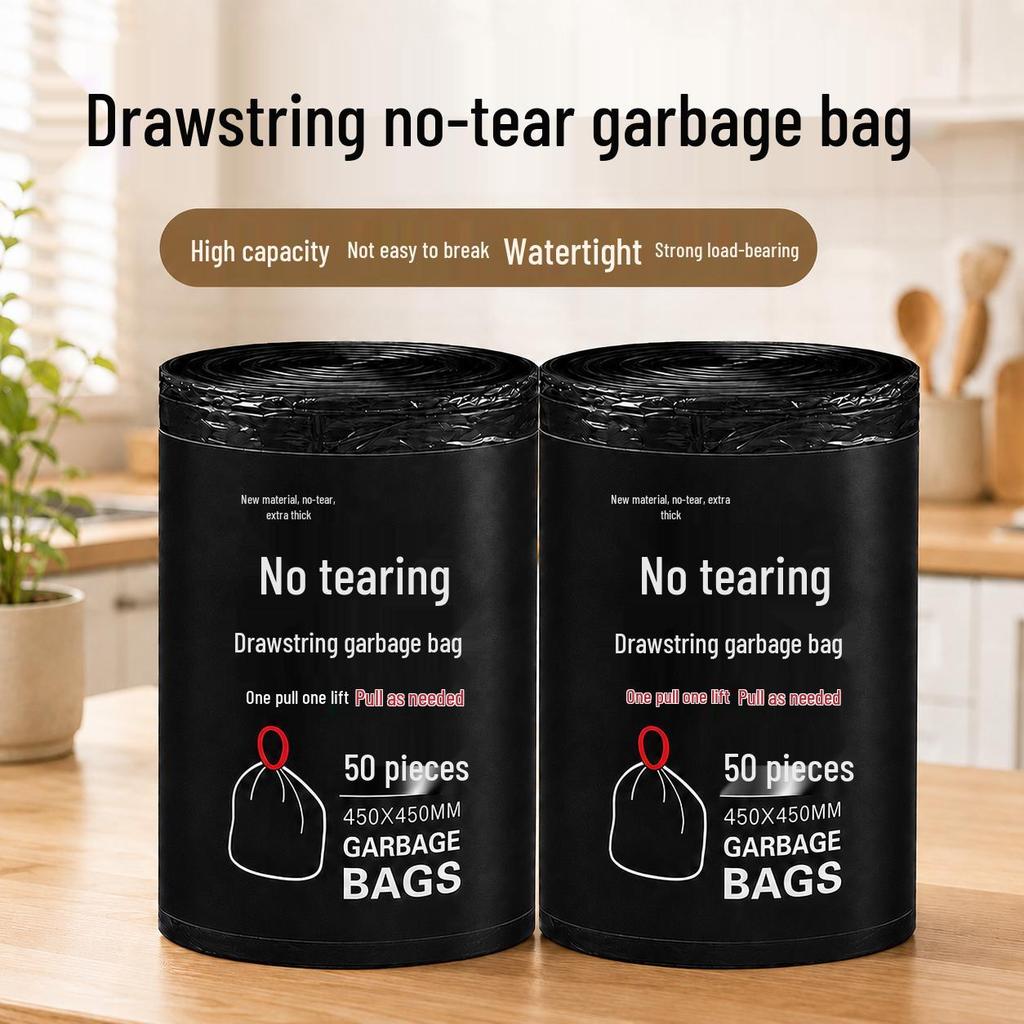 Black No-Tear Drawstring Garbage Bags with Handles, Thickened Leak-Proof Material, Bottom Pull-Out, Pack of 50 for Home Use.