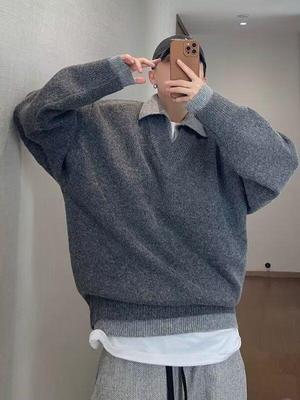 Unisex Retro Faux Two-Piece V-Neck Sweater - Casual Knitwear for Autumn/Winter