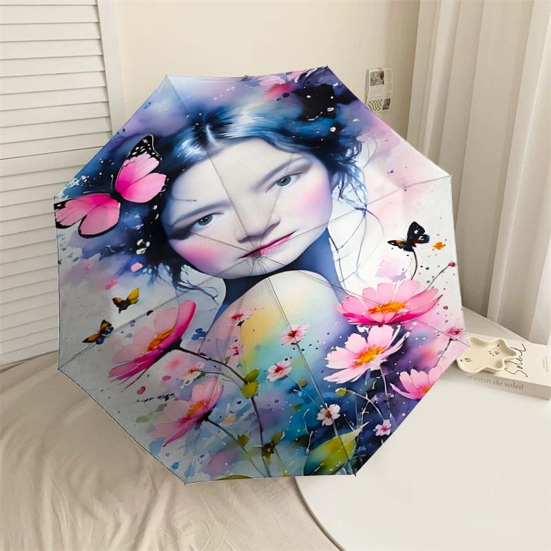 

1pc butterfly flowers Automatic Open/Close Umbrella Compact Folding Umbrella with 8-Rib Shaft for Women/Men, Elegant Birthday1189S