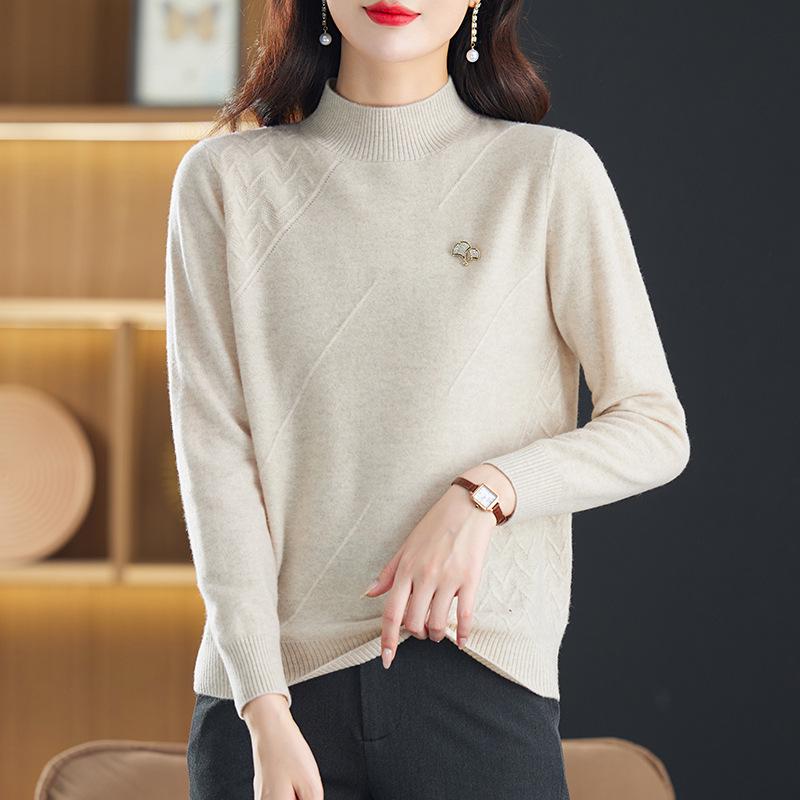 Women's Warm Wool Pullover Sweater with Half-High Collar - Loose Fit for Autumn/Winter