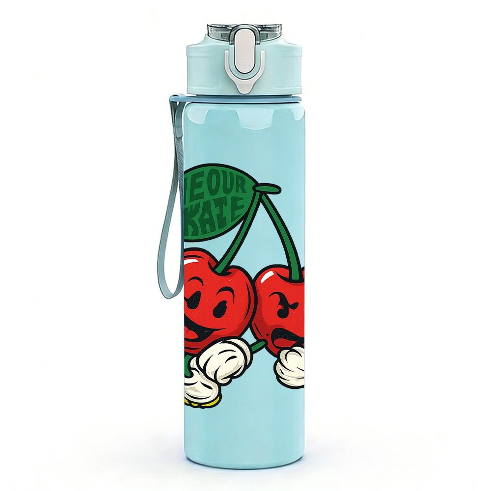 1PC Cherry Fruit Berry Design 750ml Color Plastic Sports Water Bottle Leakproof Flip Straw Lid Suitable for Sports Office Home Use