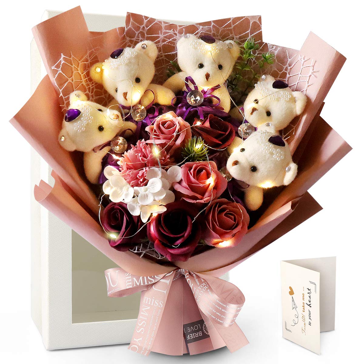

FAUHAL LED Soap Purple Day Bear Искусственное мыло Never Soap Мягкая игрушка 8 Подарок на день рождения Подходит для подарка Volks с открыткой для сообщений [Модель Reiwa] Букет,