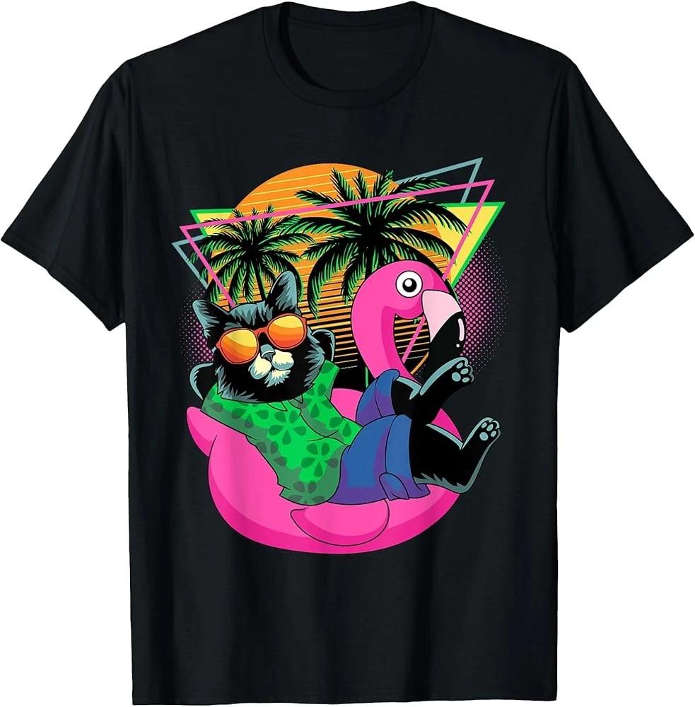 Men s and Women s T-shirts Retro 80s 90s Flamingo Cat Gifts Men Women Funny Cat T-Shirt XXXXL