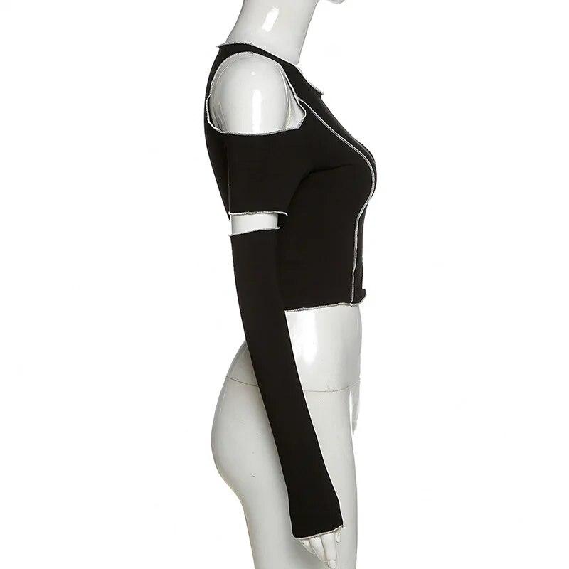 2KWEIRD Patchwork Black T-shirts Gothic Off Shoulder Sleeve Y2k Crop Tops Ruffles Hem Hip Hop Techwear Women Tees Fashion