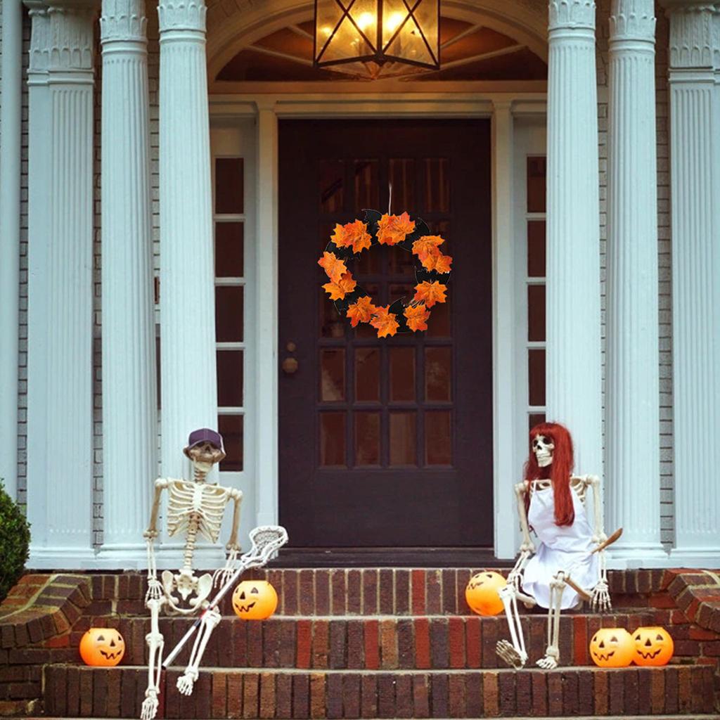 11 Inch Halloween Front Door Wreath Hanging Garland Artificial Maple Leaf Bat Wreath for Wall