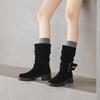 Krazing Pot Cow Suede Nubuck Winter Round Toe Modern Boots Med Heels Slip on Pleated Style Metal Buckle Mid-calf Boots