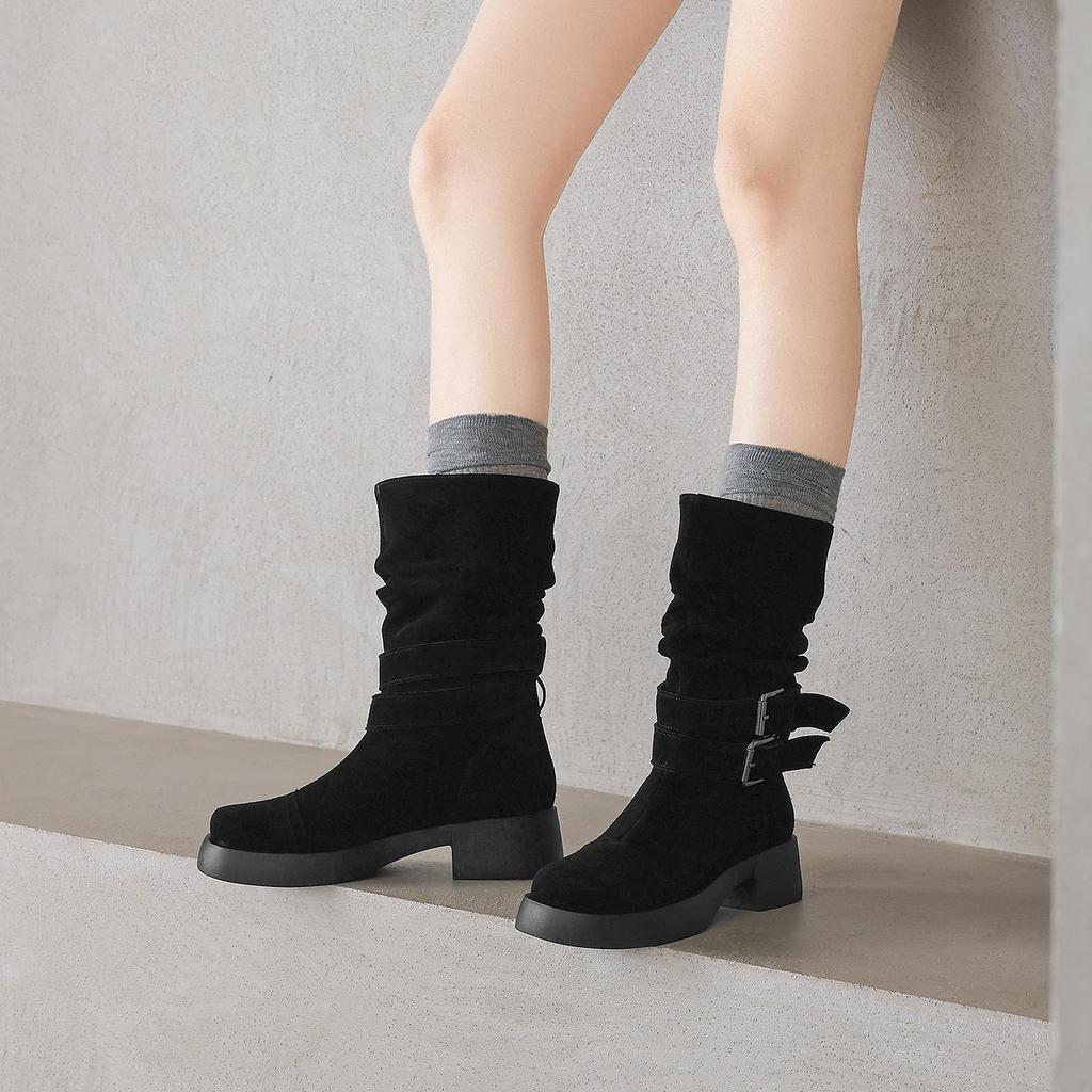 Krazing Pot Cow Suede Nubuck Winter Round Toe Modern Boots Med Heels Slip on Pleated Style Metal Buckle Mid-calf Boots