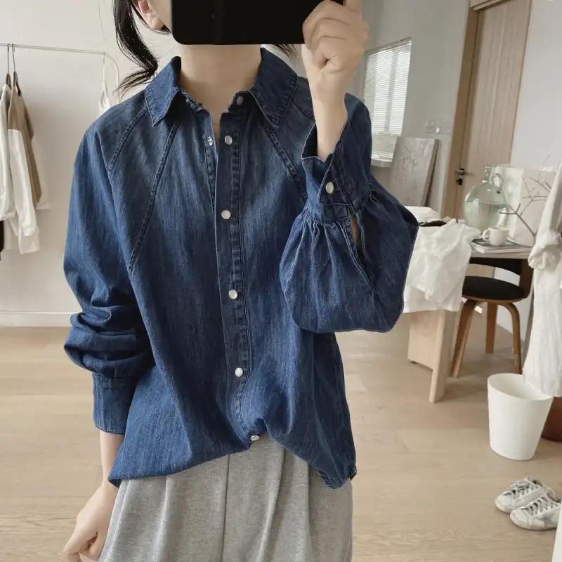 Solid Color Denim Shirt Women's Spring and Autumn Cardigan Loose Long Sleeve Retro Fashion Top