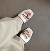 Cowhide version~ Metal buckle toe cover toe flat bottom one-word drag shoes women wear sandals