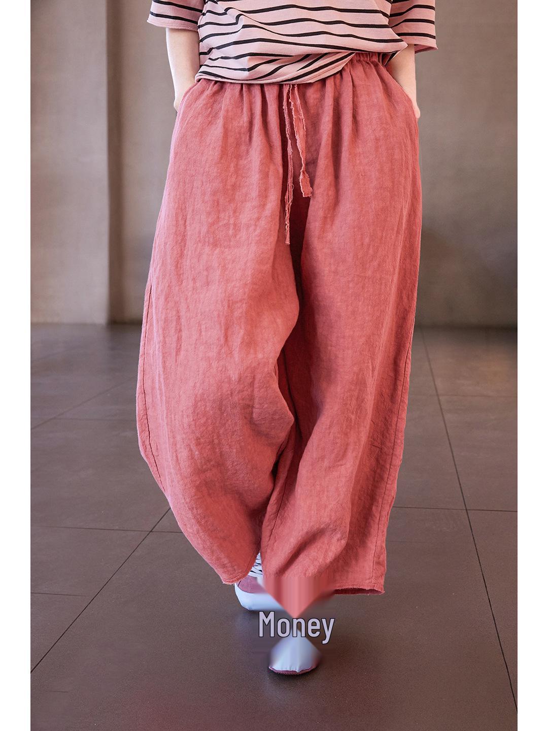 

Women s Summer Literary Retro Linen Casual Pants - Soft Mist Pink, Breathable, Slimming, Plus Size, Cropped. Medium