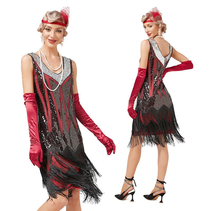 European and American retro V-neck double-layer fringed dress, Gatsby cocktail ball sequined beaded dress