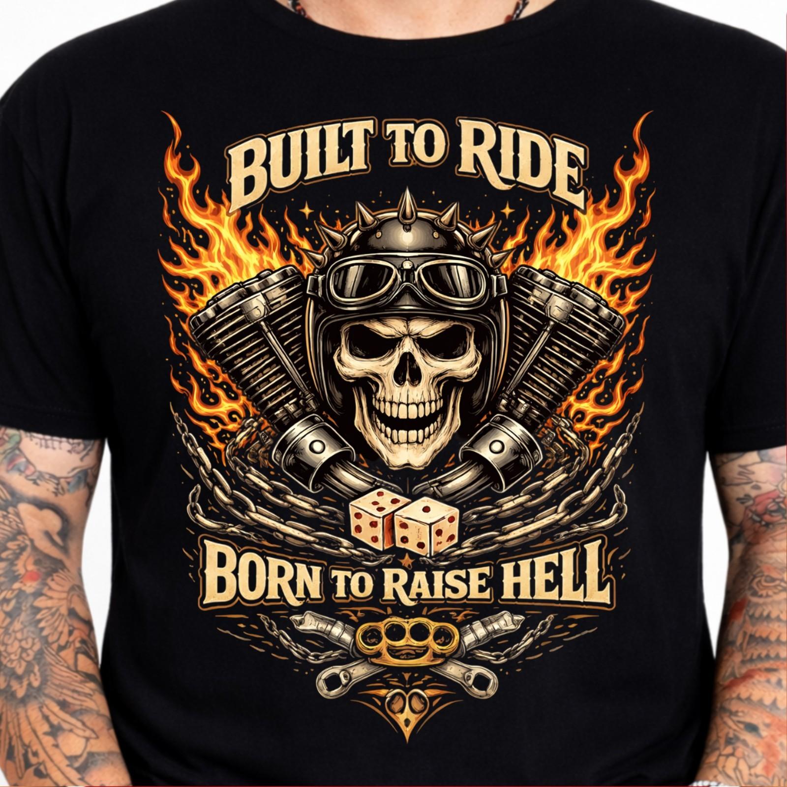 Built to Ride Born to Raise Hell Skull Biker T-Shirt Flaming Engine Graphic Tee. XS