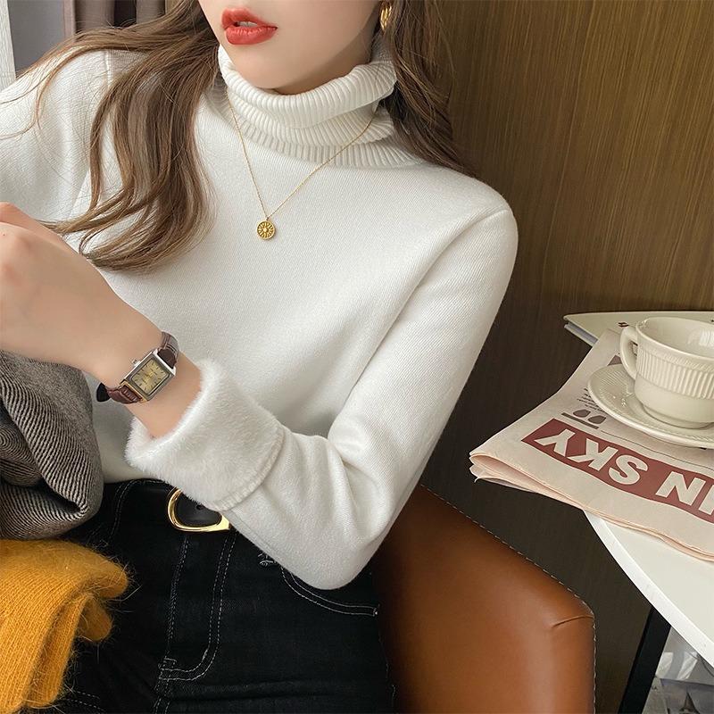 Fleece Sweater Women's Autumn and Winter Integrated Fleece Thickened Knitted Bottoming Shirt Turtleneck Pullover with Large Size Thermal Top Inside