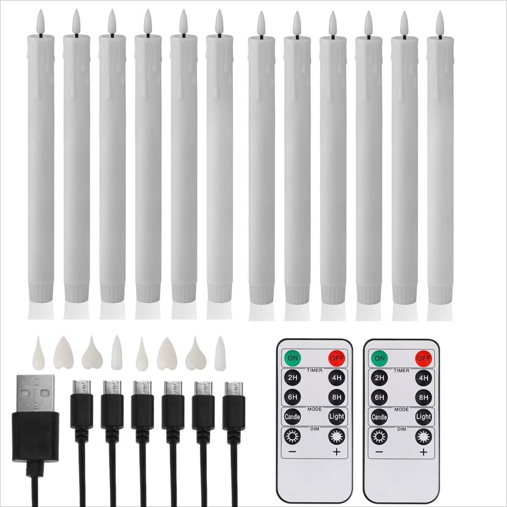 6/12pcs Rechargeable LED Flickering Flameless Taper Candles 4 Type Head with Remote Control Battery Operated Home Decor Candle