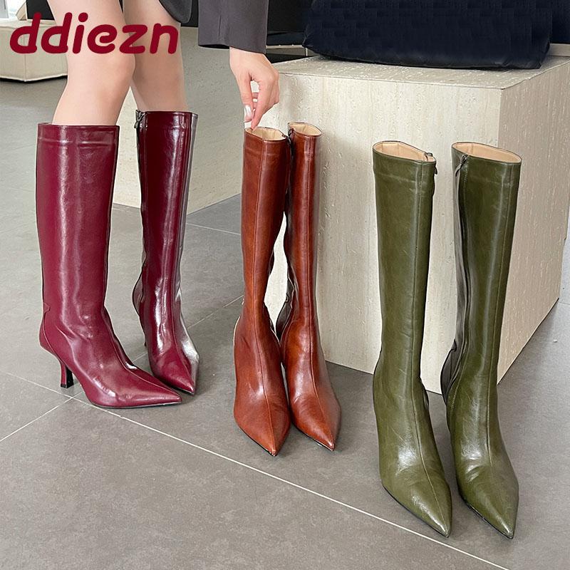 Fashion Fashion Pointed Toe Ladies Knee High Boots Heels Shoes Female Zippers Women Long Modern Boots Pumps Shoes Big Size 43 Lady