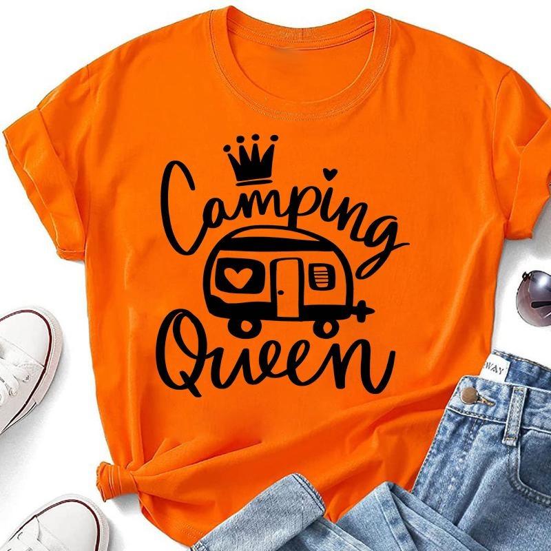 Cute Camping Queen T-shirts For Women Summer Tee Shirt Femme Casual Queen Short Sleeve Camping Round Neck Tops T-shirts