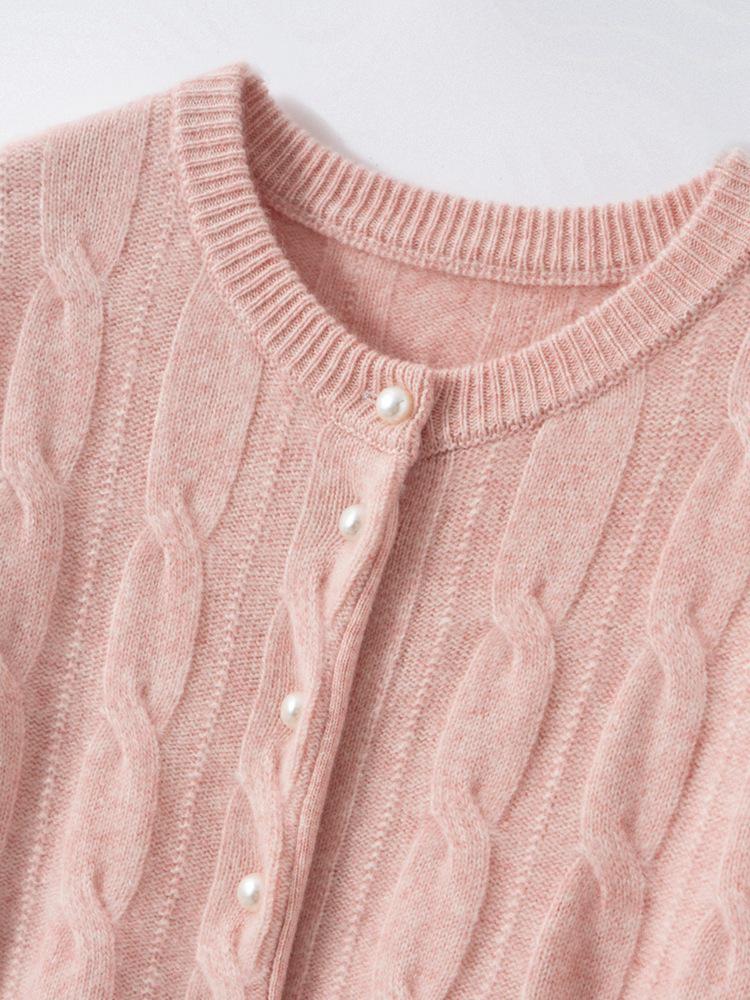 Soft Cashmere Knit Cardigan - Women's Autumn/Winter Solid Color Single-Breasted Cable Knit Round Neck Outerwear
