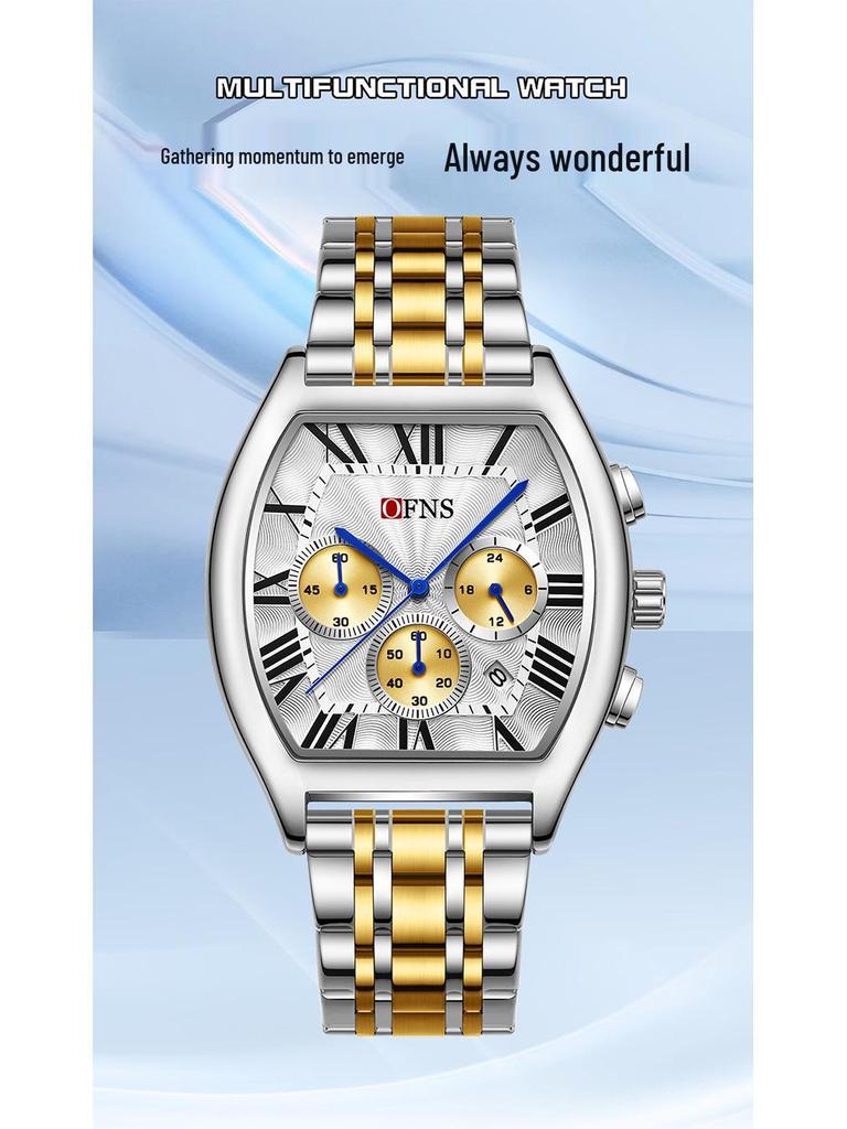 OFNS Men's Barrel-Shaped Waterproof Quartz Watch - Multifunctional Calendar with Three-Eye, Six-Hand Design, Casual Style.