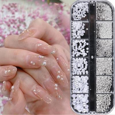 1 Box 12 Grids Nail Art Fake Pearls Beads Set DIY Ins Style Nail Decoration Kit for Stunning Designs
