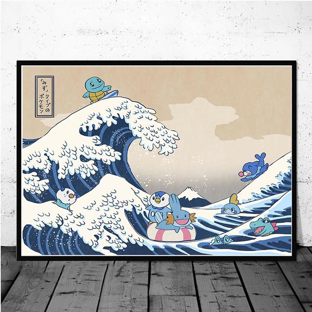 Massivholzrahmen Kreative Pokemon Japanische Anime Pikachu Poster Die Große Welle Leinwand Malerei Wohnzimmer Dekor Wandkunst Drucke Wandbild Pictur