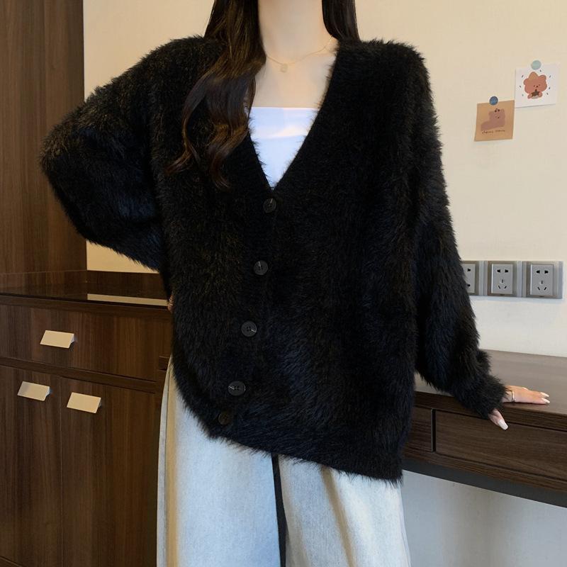Soft Waxy Solid Color Gentle Wind Imitation Mink Velvet V-neck Knitted Cardigan Women's Autumn and Winter New Loose Lazy Sweater Jacket