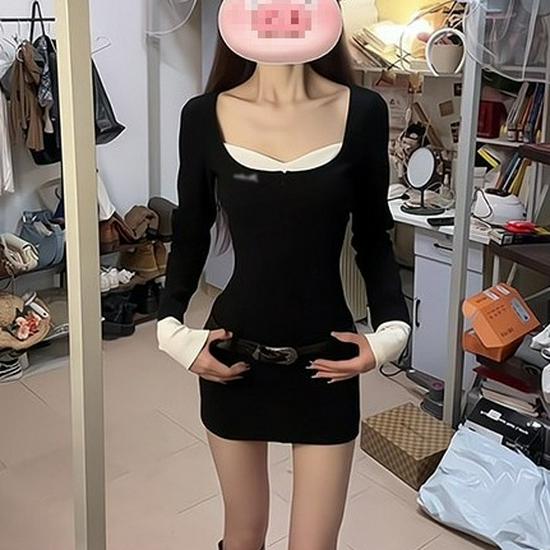 Women's Patchwork Color Block Letter Zipper Dress: Faux Two-Piece, Sweet & Spicy, Slimming, Hip-Hugging Short Skirt for Autumn/Winter.