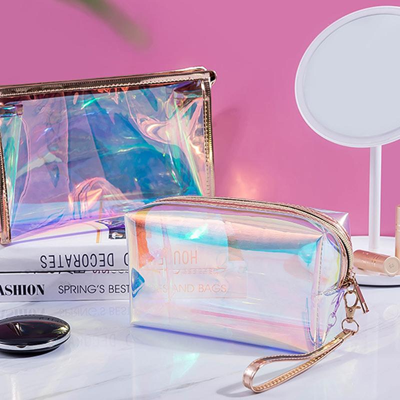 Borsa cosmetica olografica colorata da donna in TPU trasparente per trucco e bellezza