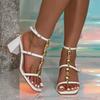 Women Sandal Summer Fashion Sexy Gold Black Stone Ankle Strap Open Toe Square Head Women Stiletto High Heels Banquet Party Shoes