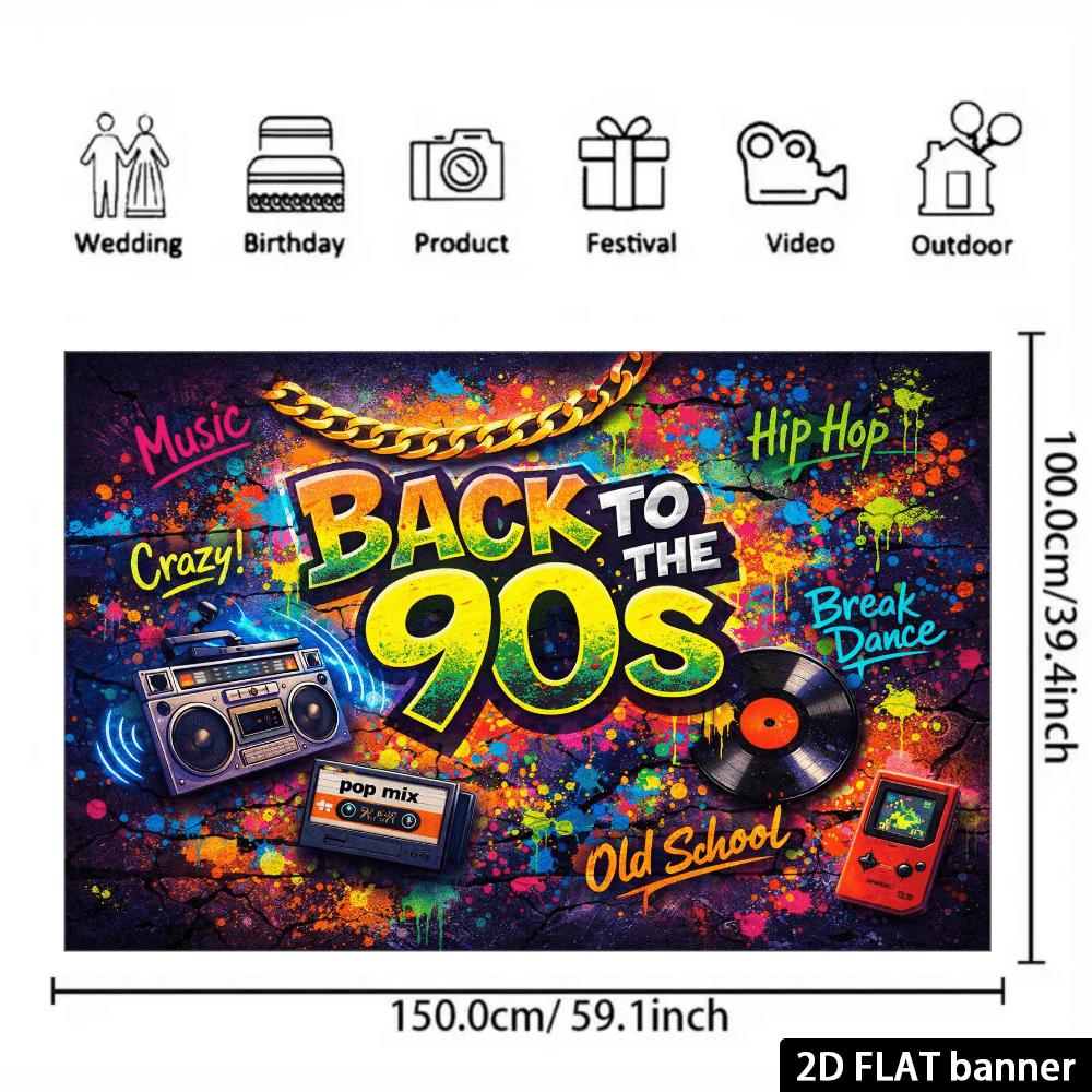 Bannière plate 2D design de tissu de fond nostalgique années 90. L'image est basée sur des murs de briques graffités. """RETOUR AUX ANNÉES 90"""