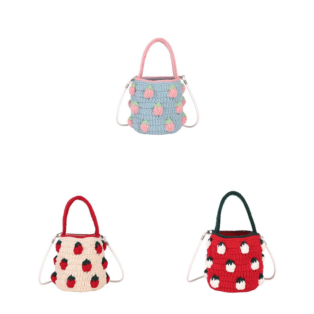Borsa in Maglia Fatta a Mano a Forma di Fragola con Motivo Floreale per Uso Quotidiano Casual