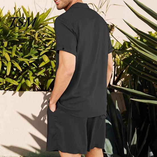 Men Shirt Set 2 Pcs/Set Summer Shorts Suit Solid Color Turn-down Collar Single-breasted Soft Tracksuit for Beach