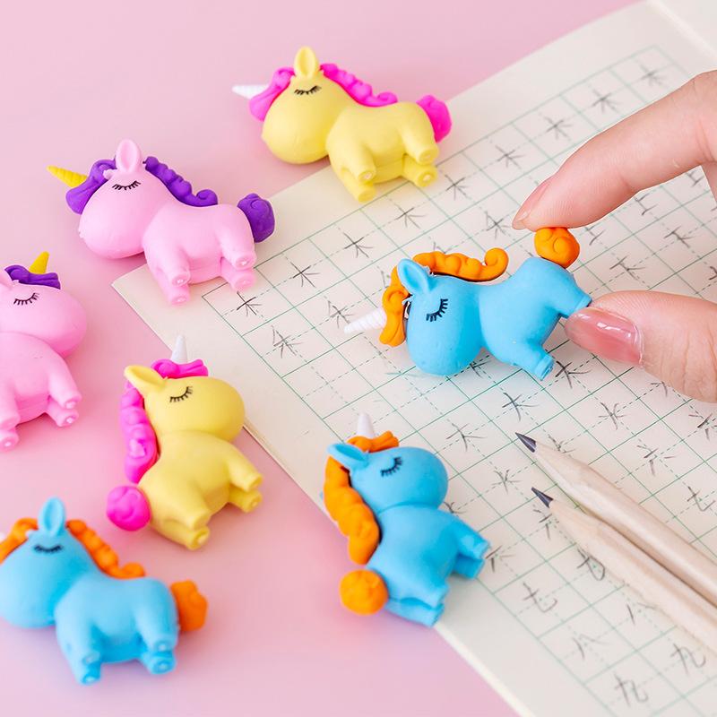 3Pcs/Lot Cute Cartoon Unicorn Eraser Kawaii 3D Pony Detachable Pencil Eraser Rubber For Kids School Student Stationery Gifts