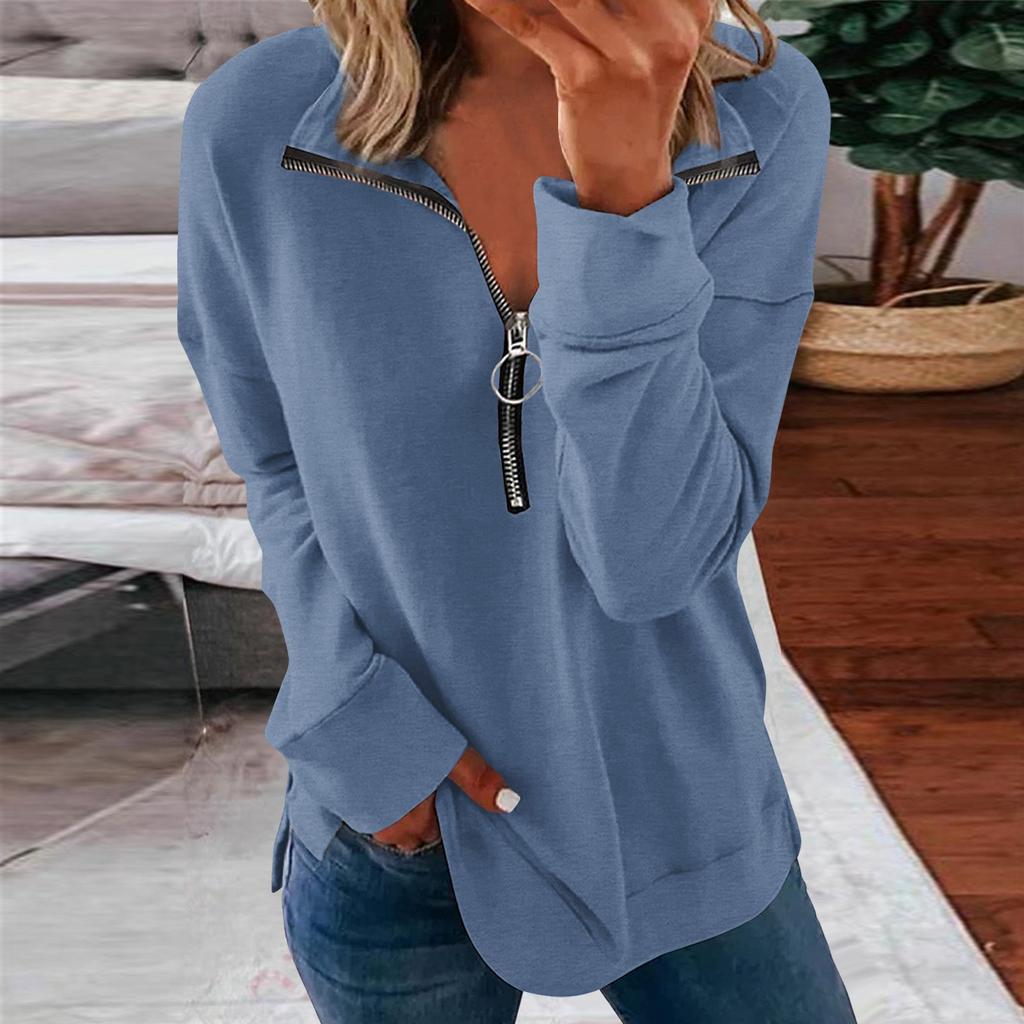 Long Sleeve Zipper Shirts For Women Stitching Print Graphic Tees Blouses Casual Tops Pullover