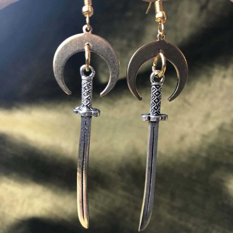 Gothic Tarot-Inspired Gold Moon & Silver Sword Dangle Earrings