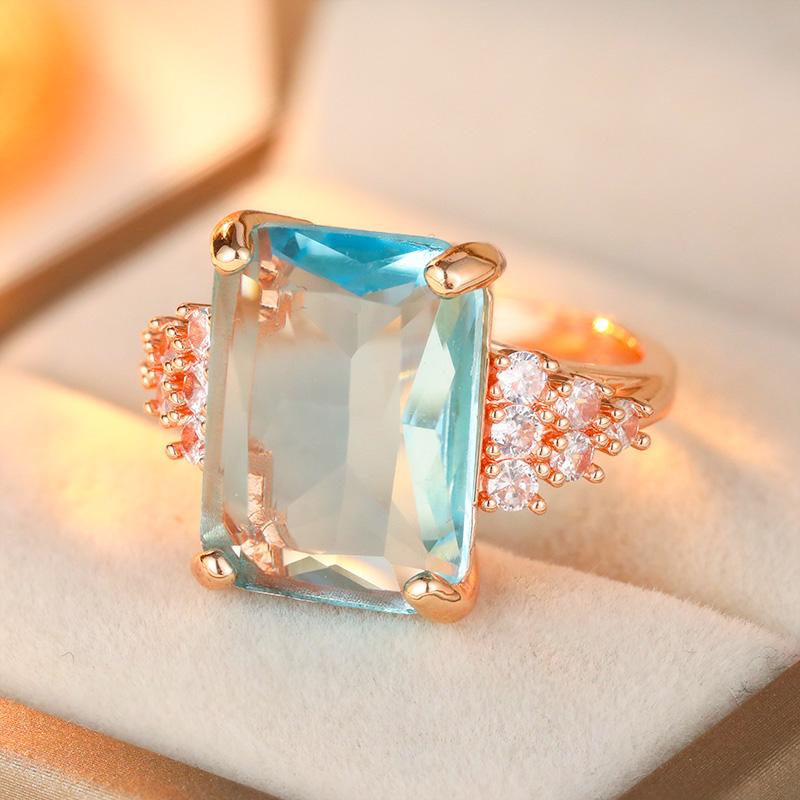 Luxury Inlaid White Sea Blue CZ Women's Ring Aesthetic Gold Color Geometry Daily Wear Party Jewelry Anniversary Gift