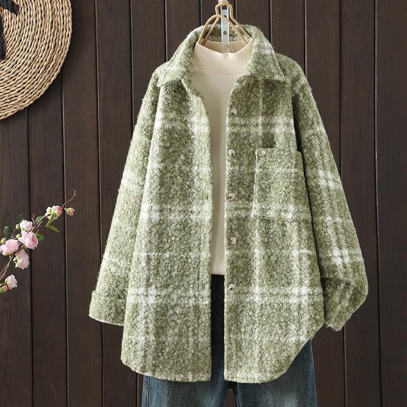 

DIMANAF 2025 Новые осенне-зимние женские пальто и куртки больших размеров, свободная повседневная верхняя одежда, винтажная женская клетчатая хлопковая толстая с длинным рукавом one size зелёный