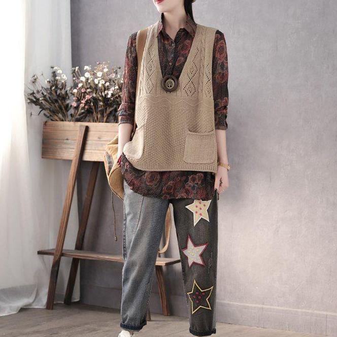 Spring Autumn Vintage Knitted Vest Women Loose V-neck Double Pocket Sleeveless Sweater Knitted Waistcoat Outwear