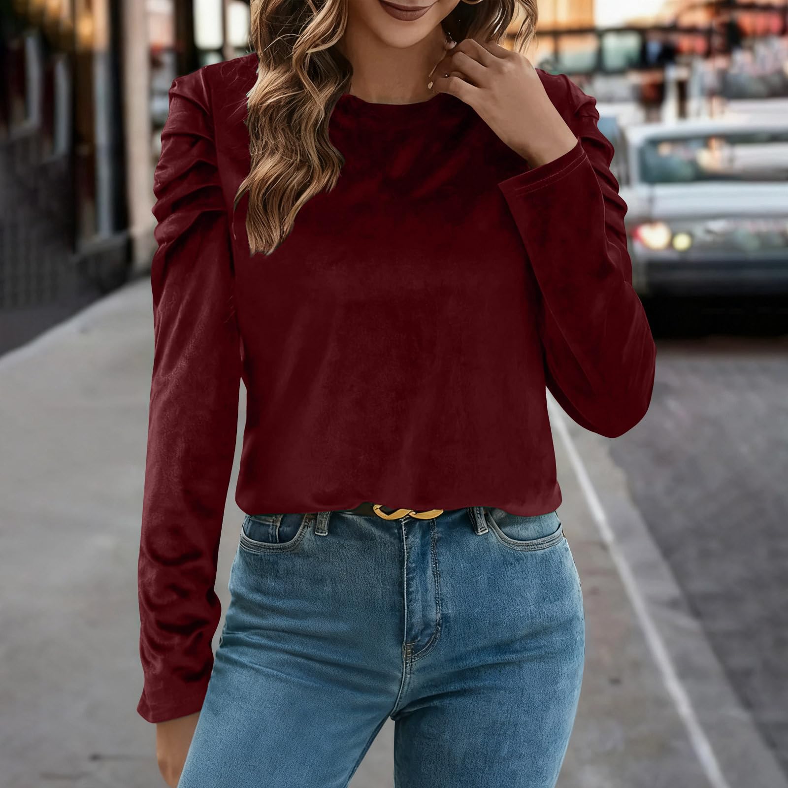 

Women s Velvet Puff Long Sleeve Round Neck Pullover Solid Color Casual Top XXL винний