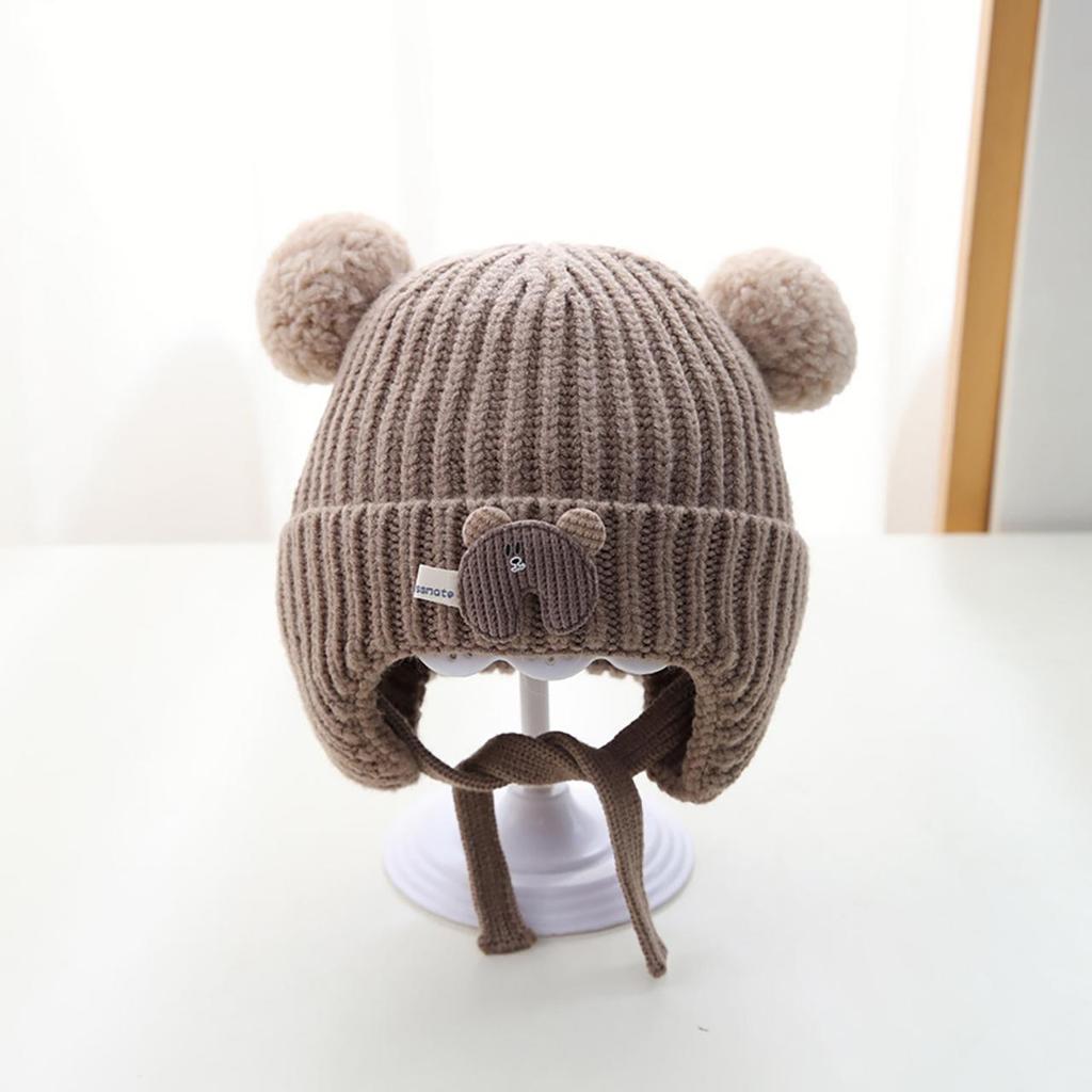 Gorro de punto para bebé con oso de dibujos animados, lindo pompón, gorro infantil con protección para las orejas, invierno cálido, para niños, niñas, niños, con orejeras