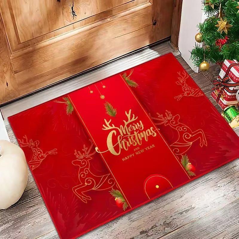 Christmas Theme Door Mat With Festive Tree Branches Gift Snowflake Patterns Soft Decorative Entryway Rug For Xmas New Year Decor