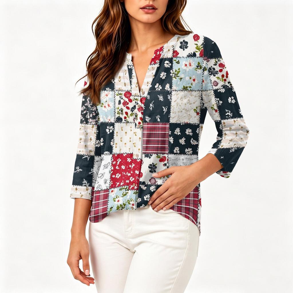 Women Vintage Floral Print Patchwork Henley Button Collar Three Quarter Sleeve Cotton Linen Shirt Casual Loose Fit Top