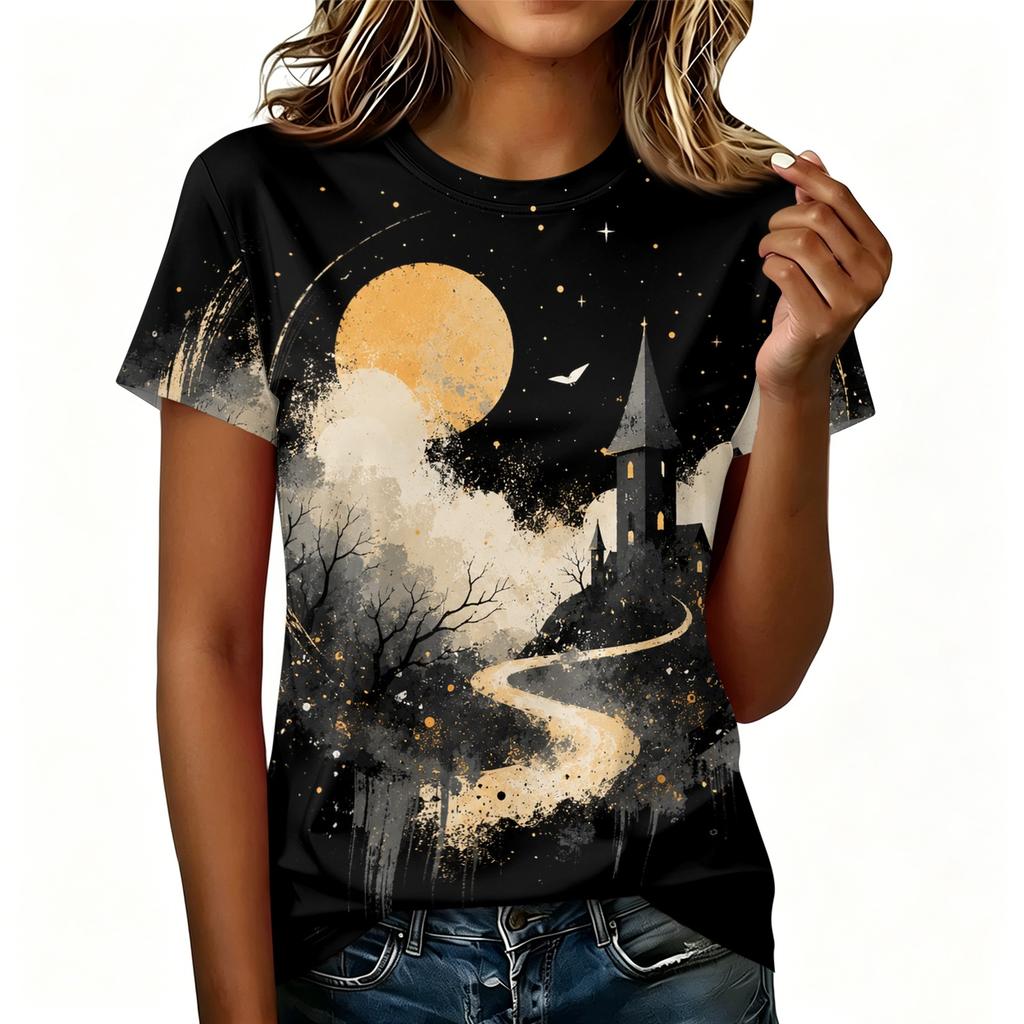 Women's Casual Pullover Short Sleeve T-Shirt Halloween Print Top Crew Neck Relaxed Fit Lightweight Tee for Everyday Wear