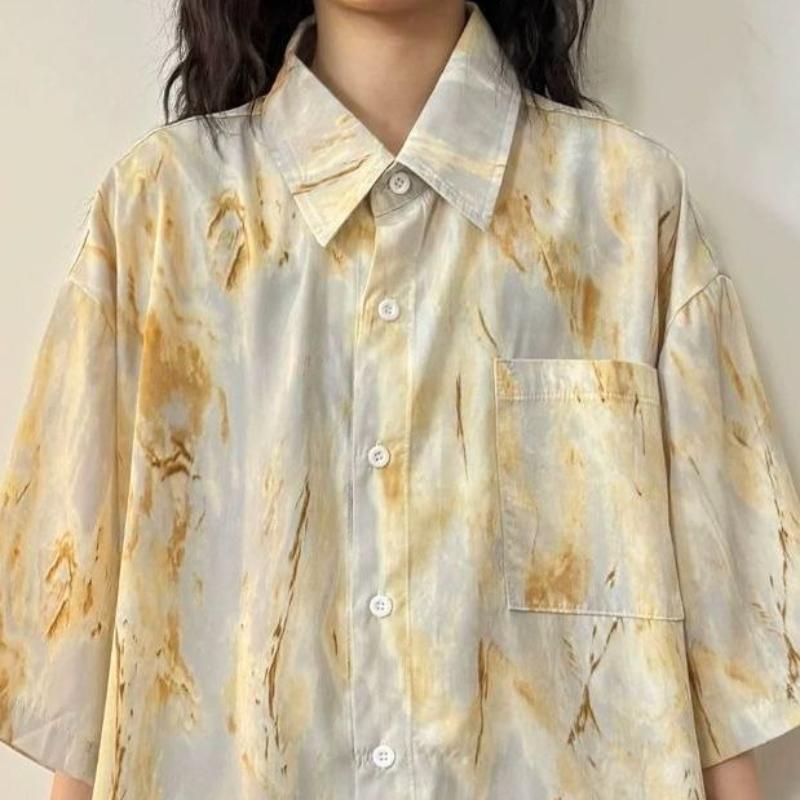Japanese Printed Female's Short Sleeved Shirts Summer Single Pocket Cardigan Blouses Loose Turn-down Collar New Clothing