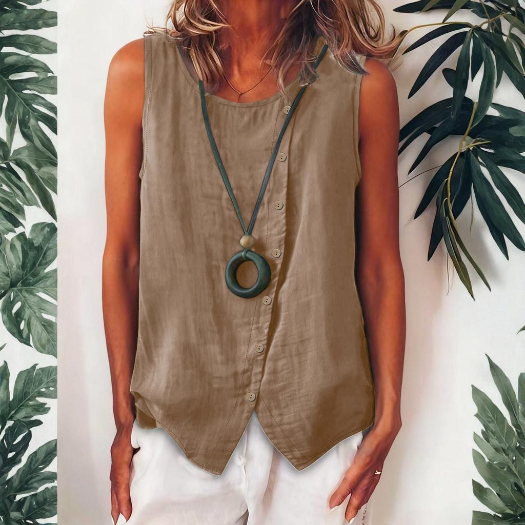 Women's Sleeveless Button-Up Shirt Loose-Fit Vest Top With Single Side Button