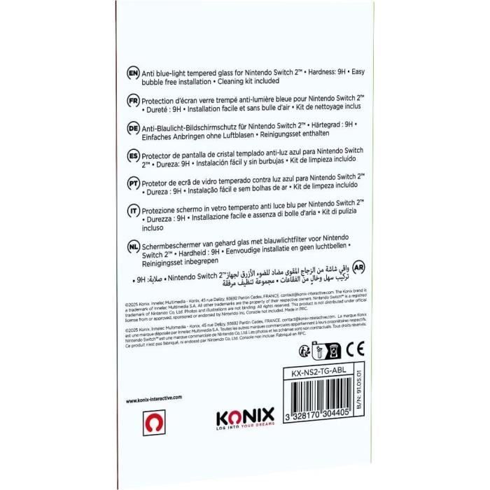 Protection d’écran en verre trempé - KONIX - Nintendo Switch 2 - Anti-lumière bleue - Anti-bulle - Indice de dureté 9H - Transparent