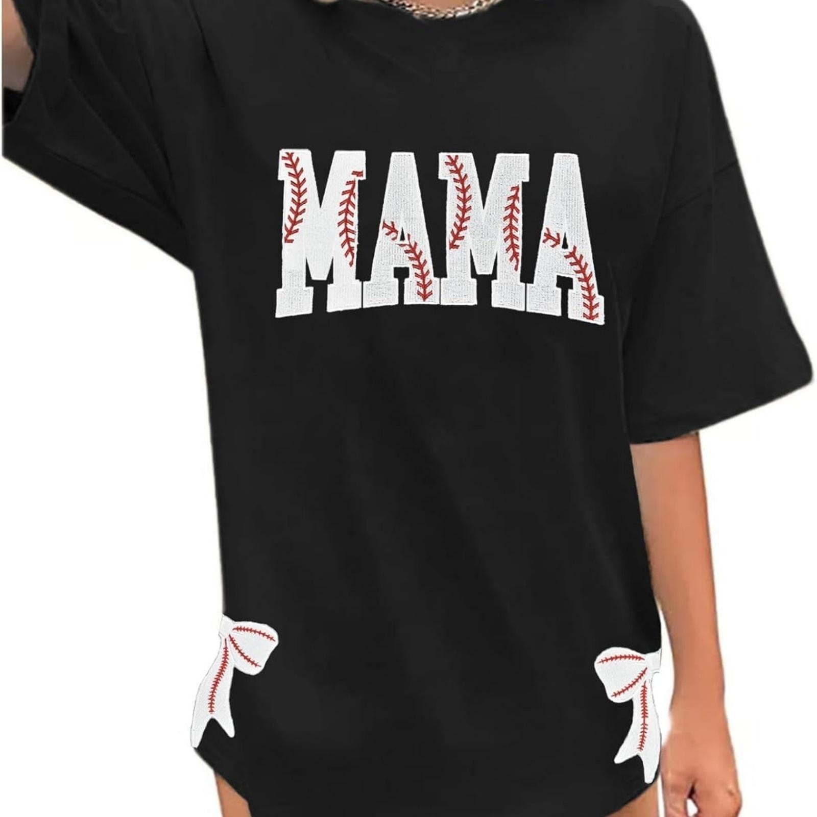Baseball Mama Shirt for Women Baseball Bow Side Split T-Shirt Oversized Embroidered Sports Mom Tee Tops S