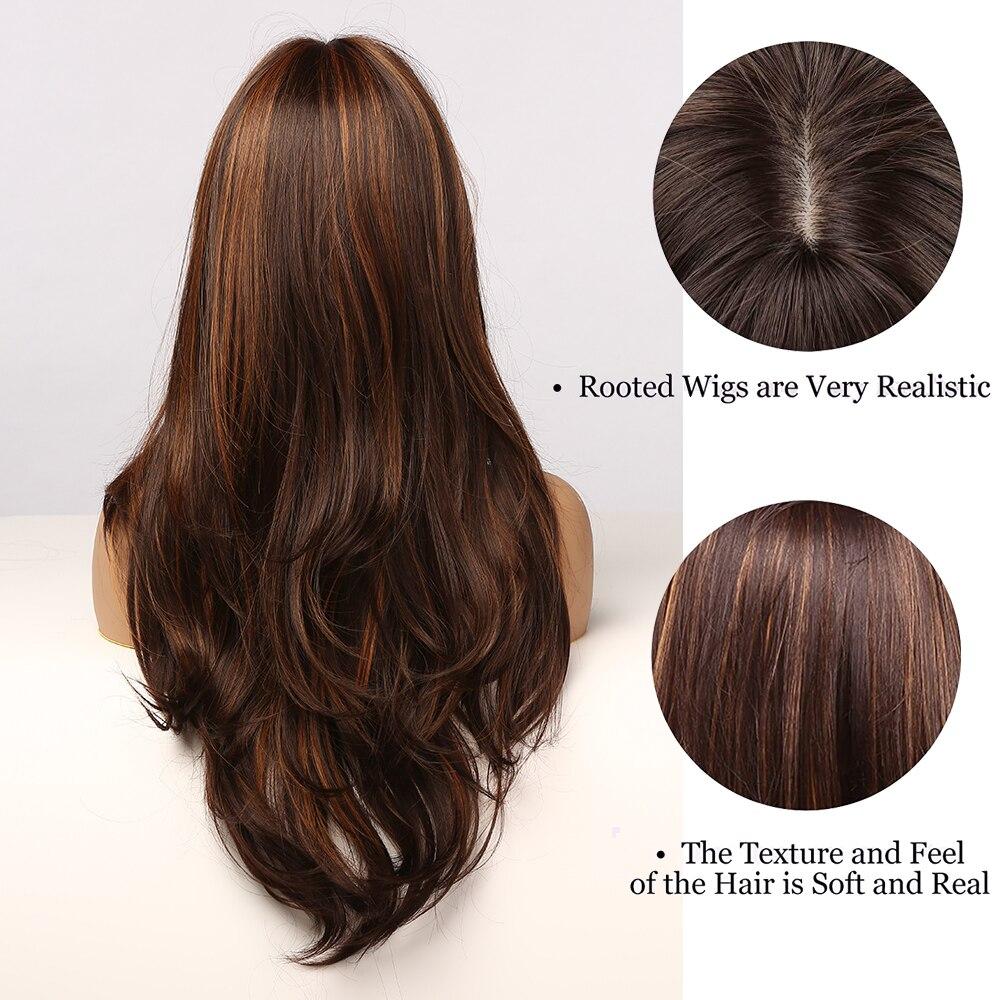 ALAN EATON Braune blonde Highlights Perücke lang gewellt Damen synthetische Perücken mit Pony hitzebeständig Cosplay Haar Perücke für Frauen Afro